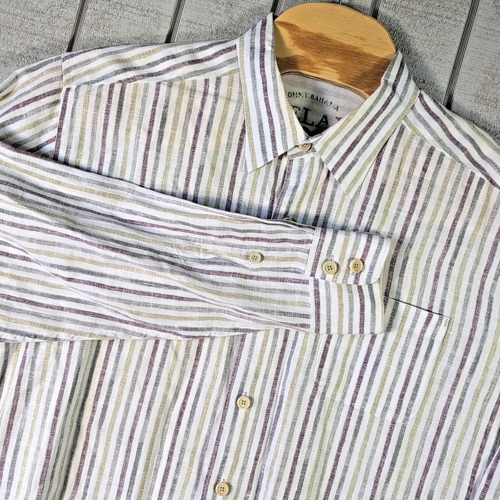 Tommy Bahama Dress Shirt Men's XL Linen Cream Striped Long Sleeve - Button Down